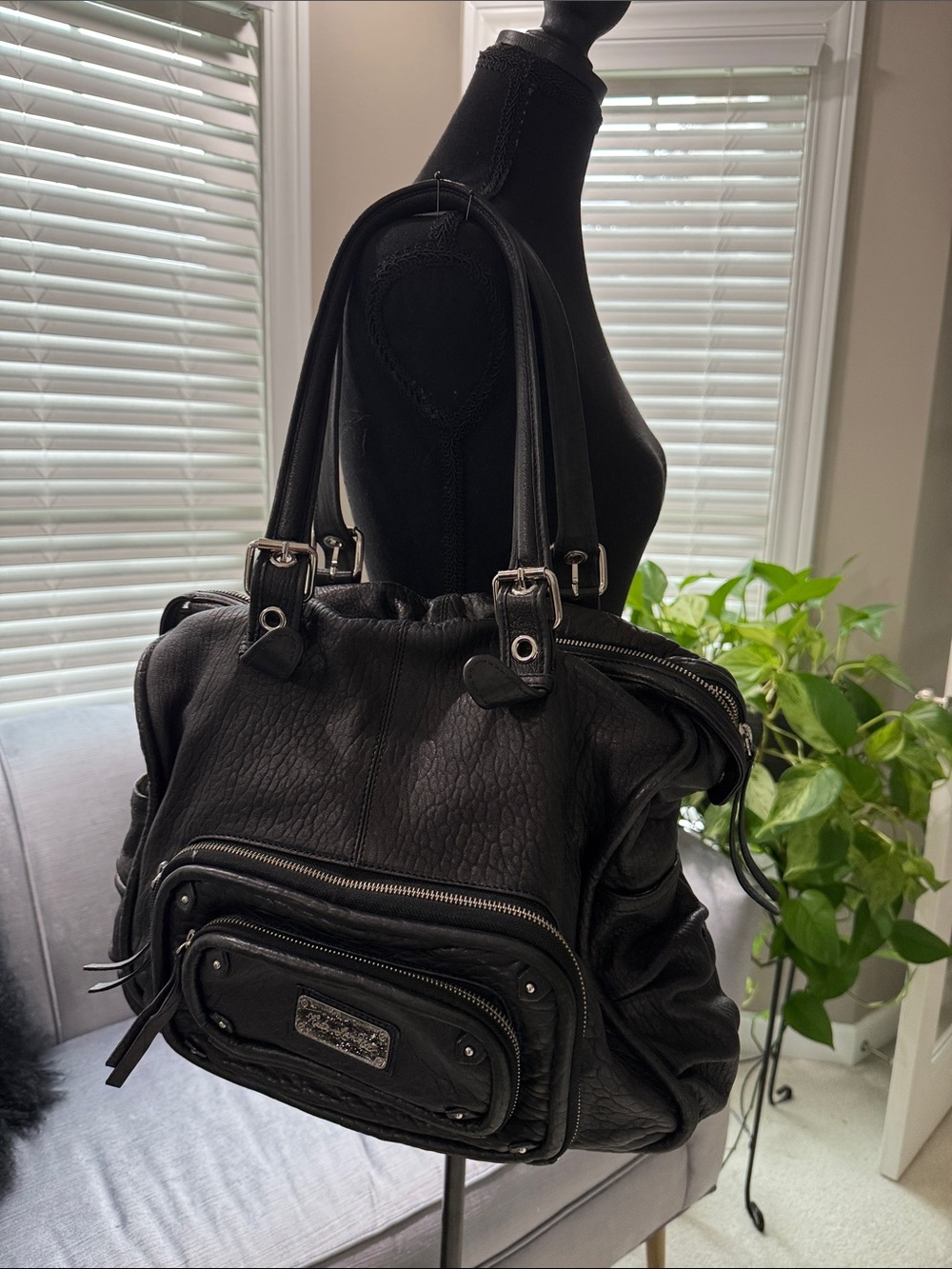 Kate Landry Black Leather Tote Handbag - Classic Everyday Shoulder Bag